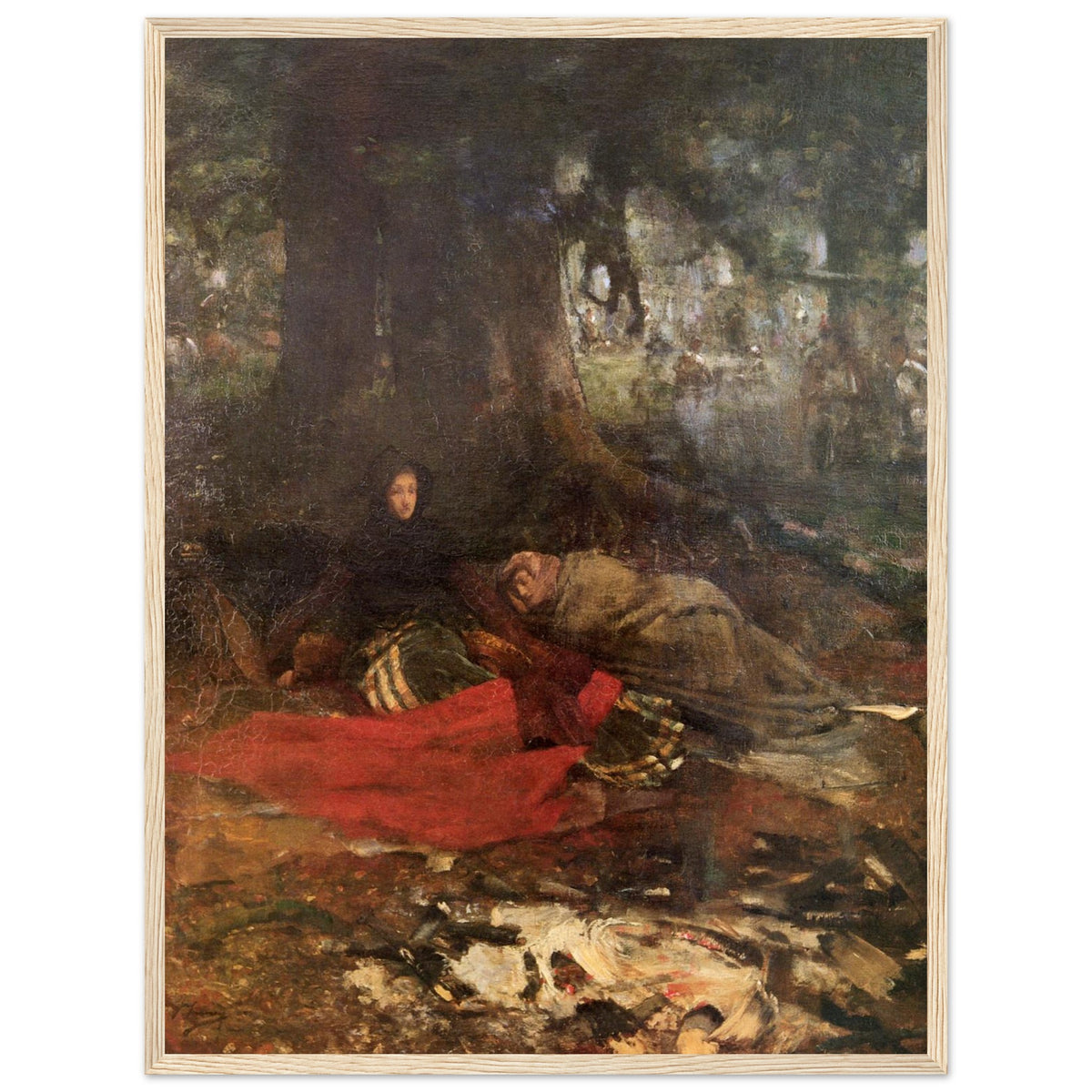 Dawn after the Battle of Langside by John Lavery print in a natural wood frame, figures beneath a great tree