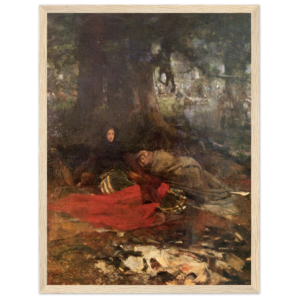 Dawn after the Battle of Langside by John Lavery print in a pale oak frame, red cloak in a dim wood