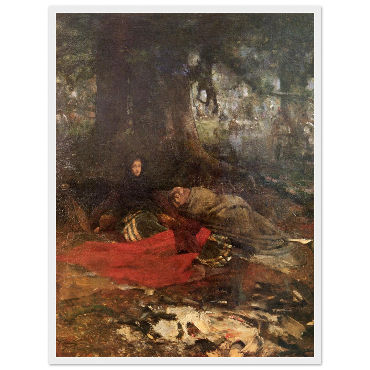 Dawn after the Battle of Langside by John Lavery print in a pale white frame, resting figures at a tree