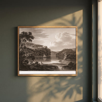 Dromana on the Blackwater by Thomas Sautelle Roberts Art Print framed print in a natural oak frame on a dark green wall beside a window, dappled plant shadow
