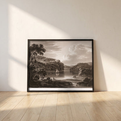 Dromana on the Blackwater by Thomas Sautelle Roberts Art Print framed print in a black frame leaning against a white plaster wall on oak floorboards in morning light