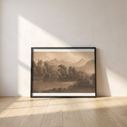 Dunloe Castle, Killarney framed print in a black frame leaning against a white plaster wall on oak floorboards in morning light