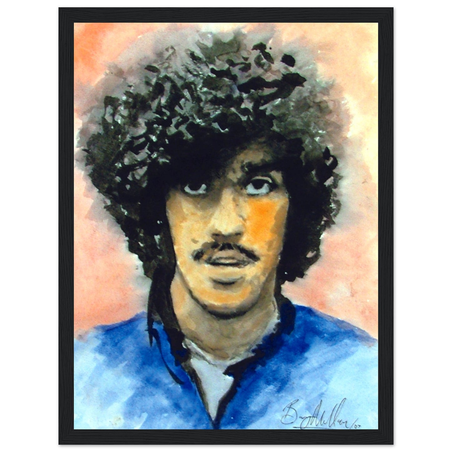 Framed art print of Phil Lynott, Thin Lizzy frontman, by Irish artist. Iconic portrait captures 70s-80s rock band influence, ideal for music fans.