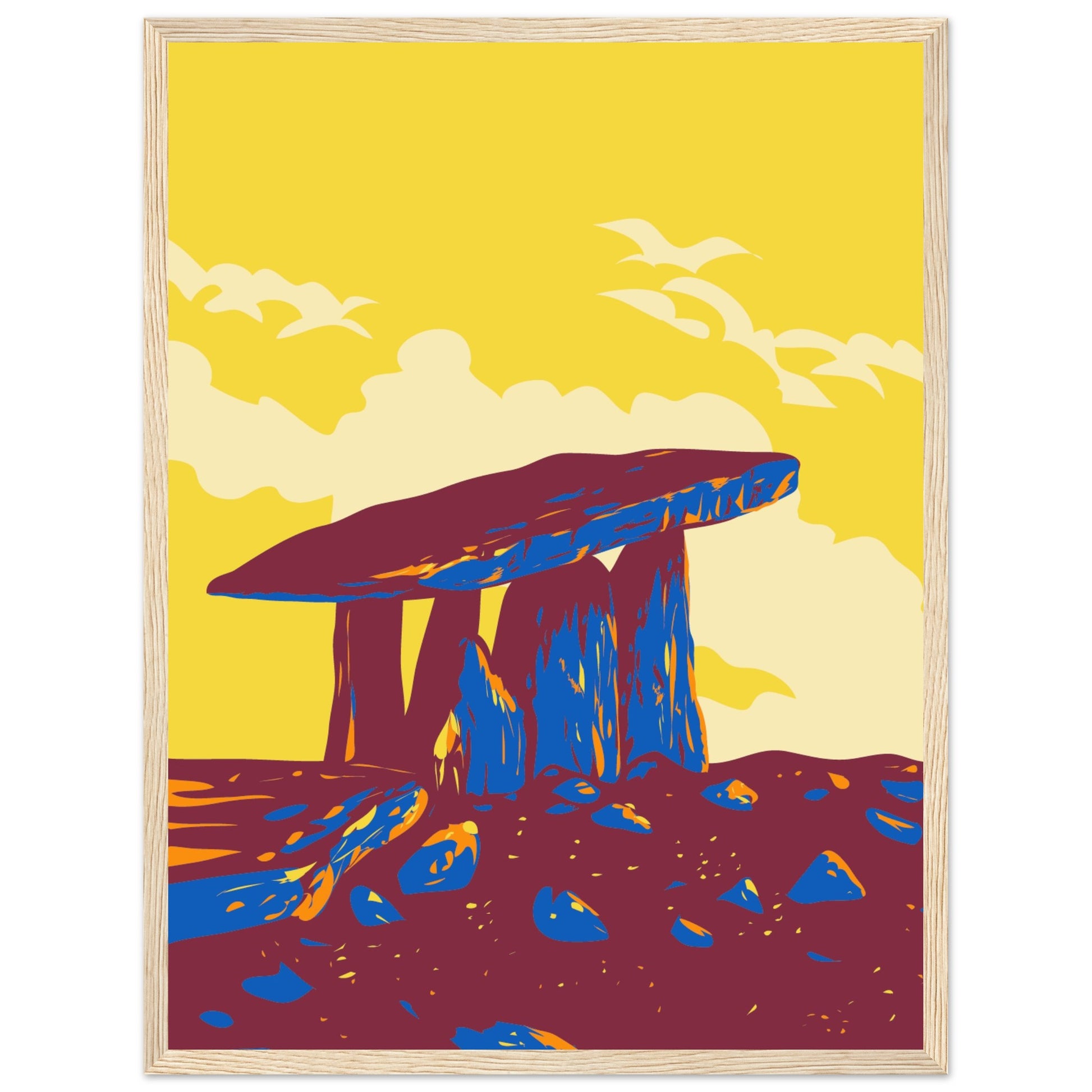 Vintage framed travel poster art print of Poulnabrone Dolmen in County Clare's Burren. Neolithic tomb set against limestone backdrop, ideal for home decor or as a thoughtful gift capturing Ireland's ancient allure.