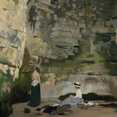 Detail of Digby Cave by William Orpen showing two women resting at the foot of the pale rock face