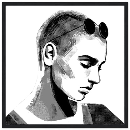 Sinéad O'Connor black and white portrait print in a slim black frame, straight-on view