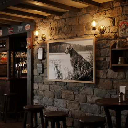 Irish Wolfhound art print in rustic Irish pub interior — exposed stone walls
