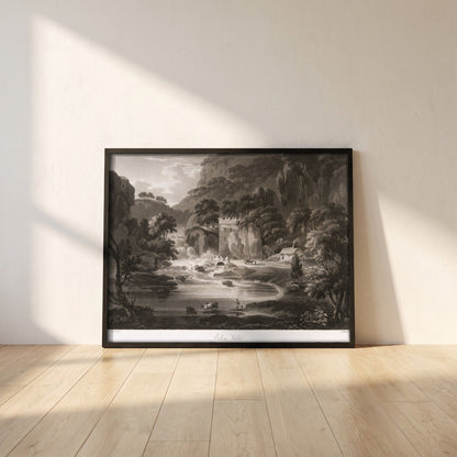 Eden Vale by Thomas Sautelle Roberts Art Print framed print in a black frame leaning against a white plaster wall on oak floorboards in morning light