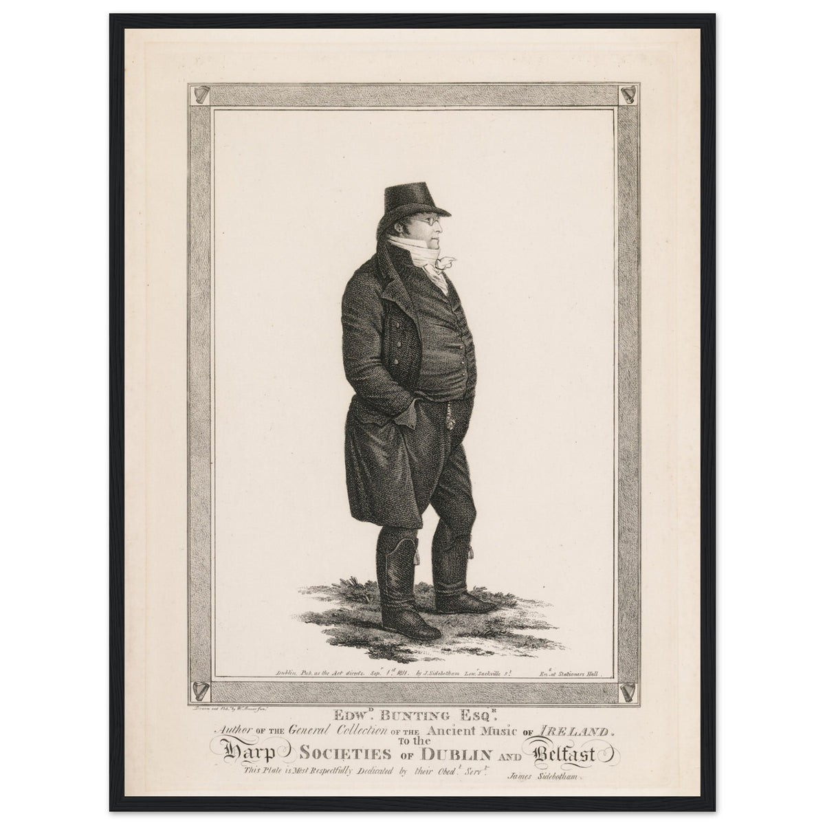 Edward Bunting full-length portrait print in a black frame, straight-on view