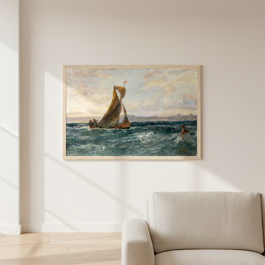 Edwin Hayes A View of Dublin Bay natural wood framed print hanging in bright living room