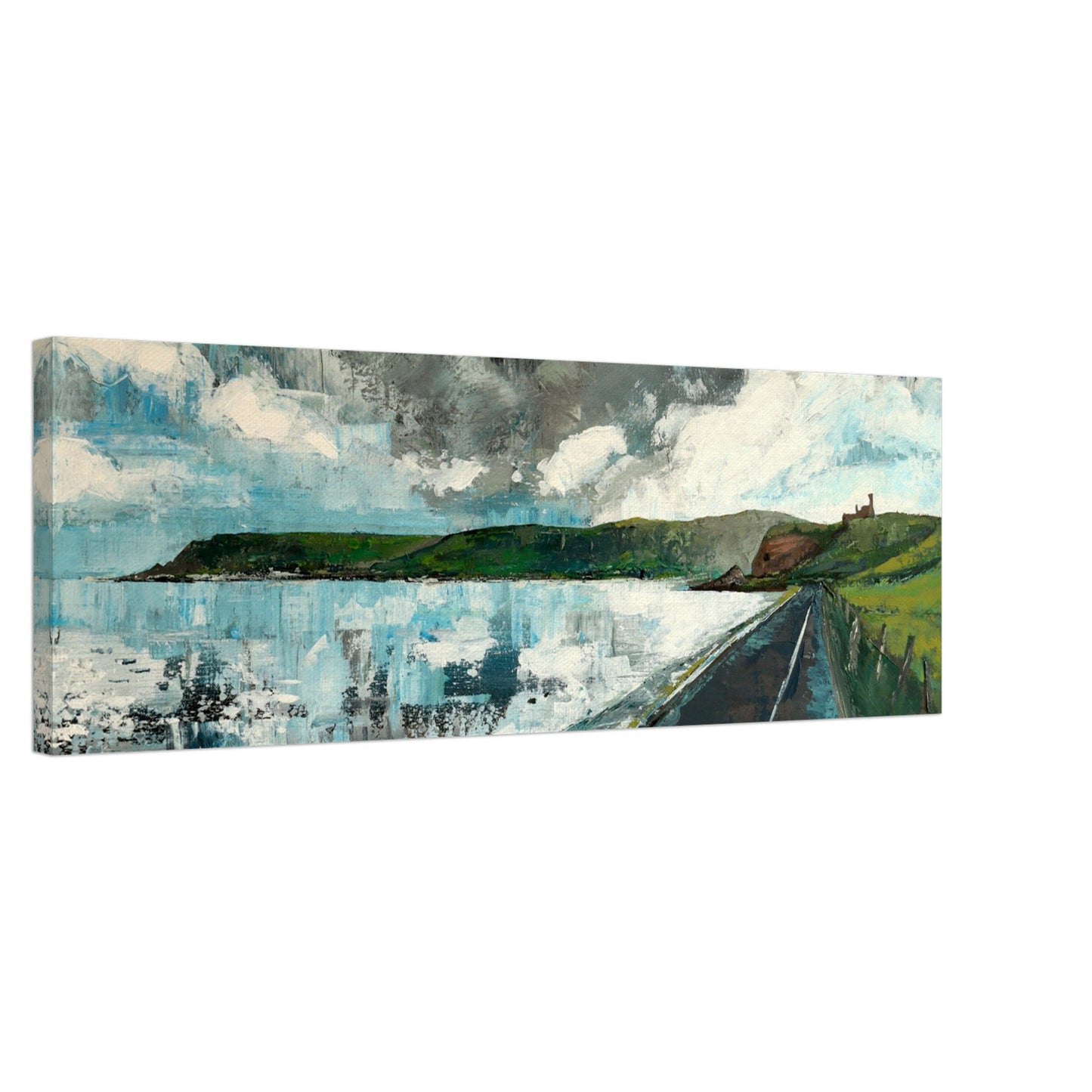 Red Bay Coast Road semi-abstract landscape art print by Irish artist Ó Maoláin. Depicts ruins of Red Bay Castle on a headland between Cushendall and Waterfoot in the Glens of Antrim. The artwork combines coastal scenery with a unique artistic style.