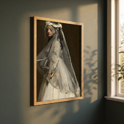 Eileen, Her First Communion framed print in a natural oak frame on a dark green wall beside a window, dappled plant shadow