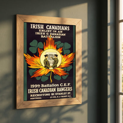 Enlist in an Irish & Canadian Battalion (1915) framed print in a natural oak frame on a dark green wall beside a window, dappled plant shadow