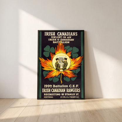 Enlist in an Irish & Canadian Battalion (1915) framed print in a black frame leaning against a white plaster wall on oak floorboards in morning light