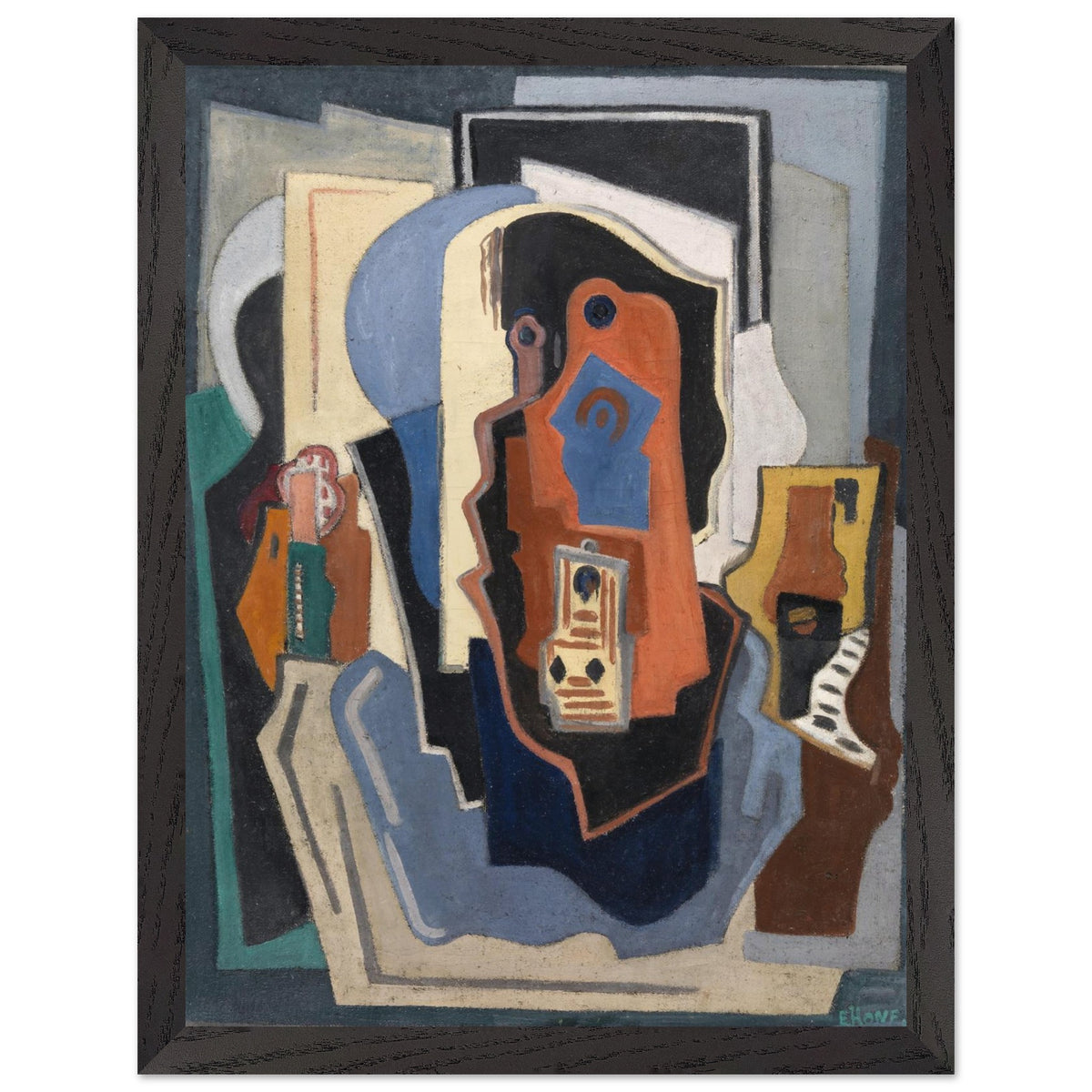 Evie Hone Composition 1924 print in a thick black frame, cubist forms in rust and blue