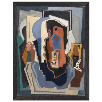 Evie Hone Composition 1924 print in a thick black frame, cubist forms in rust and blue