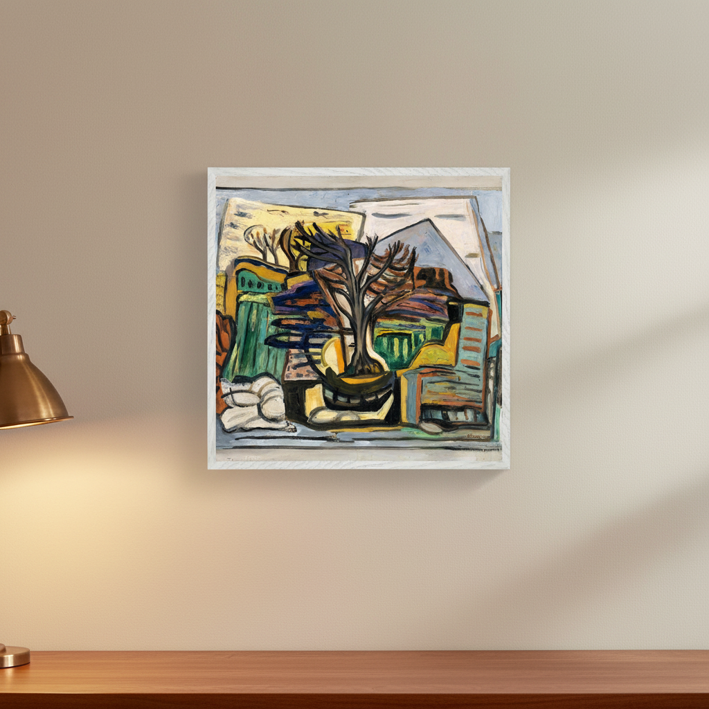 Evie Hone A Landscape with a Tree 1943 white framed Irish art print above desk





