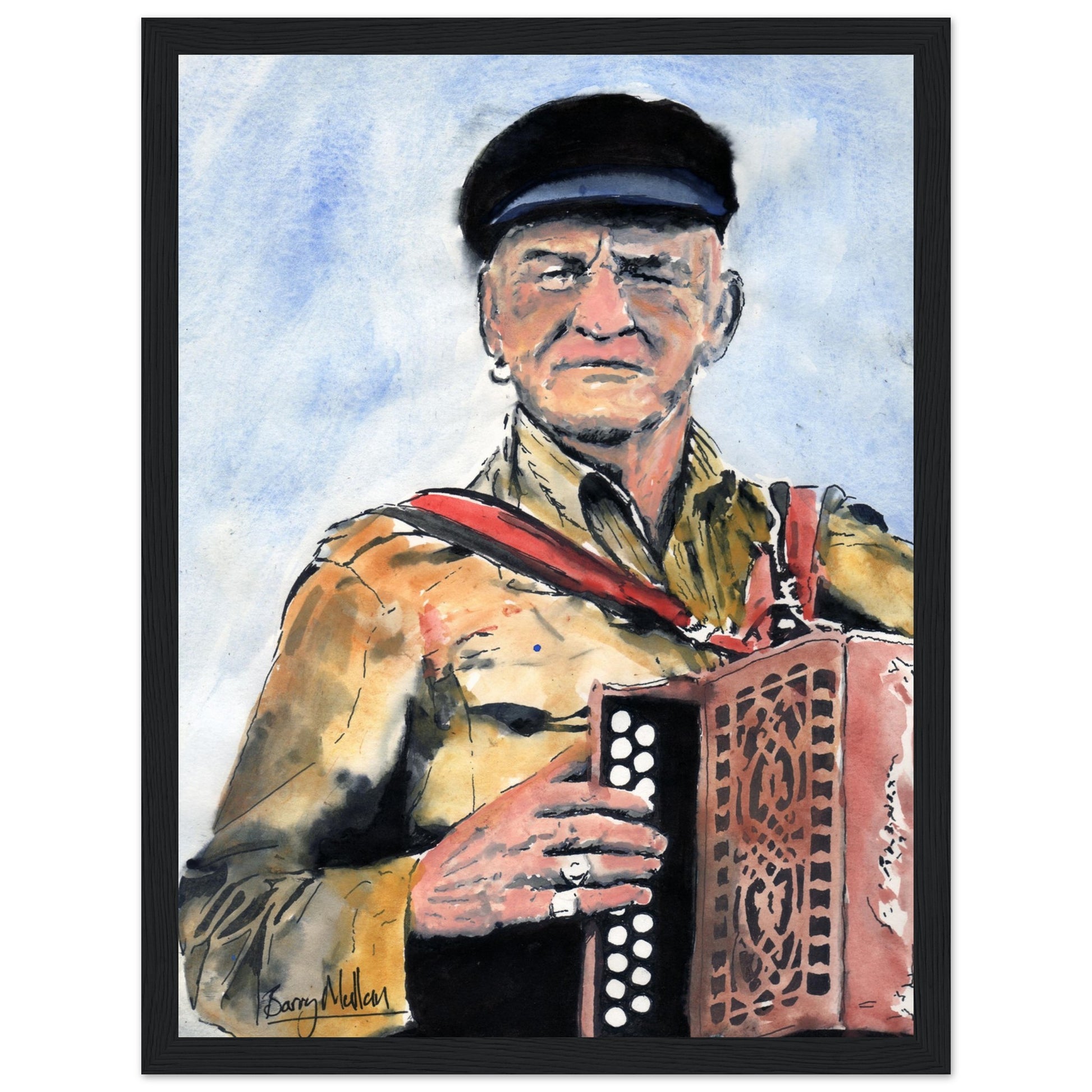 Framed art print of Patsy Dan Rogers, the King of Tory, celebrating the vibrant spirit of Tory Island. This captivating artwork by Irish artist B. Mullan captures the essence of Tory&#39;s unique culture, honouring the island&#39;s legendary figure.