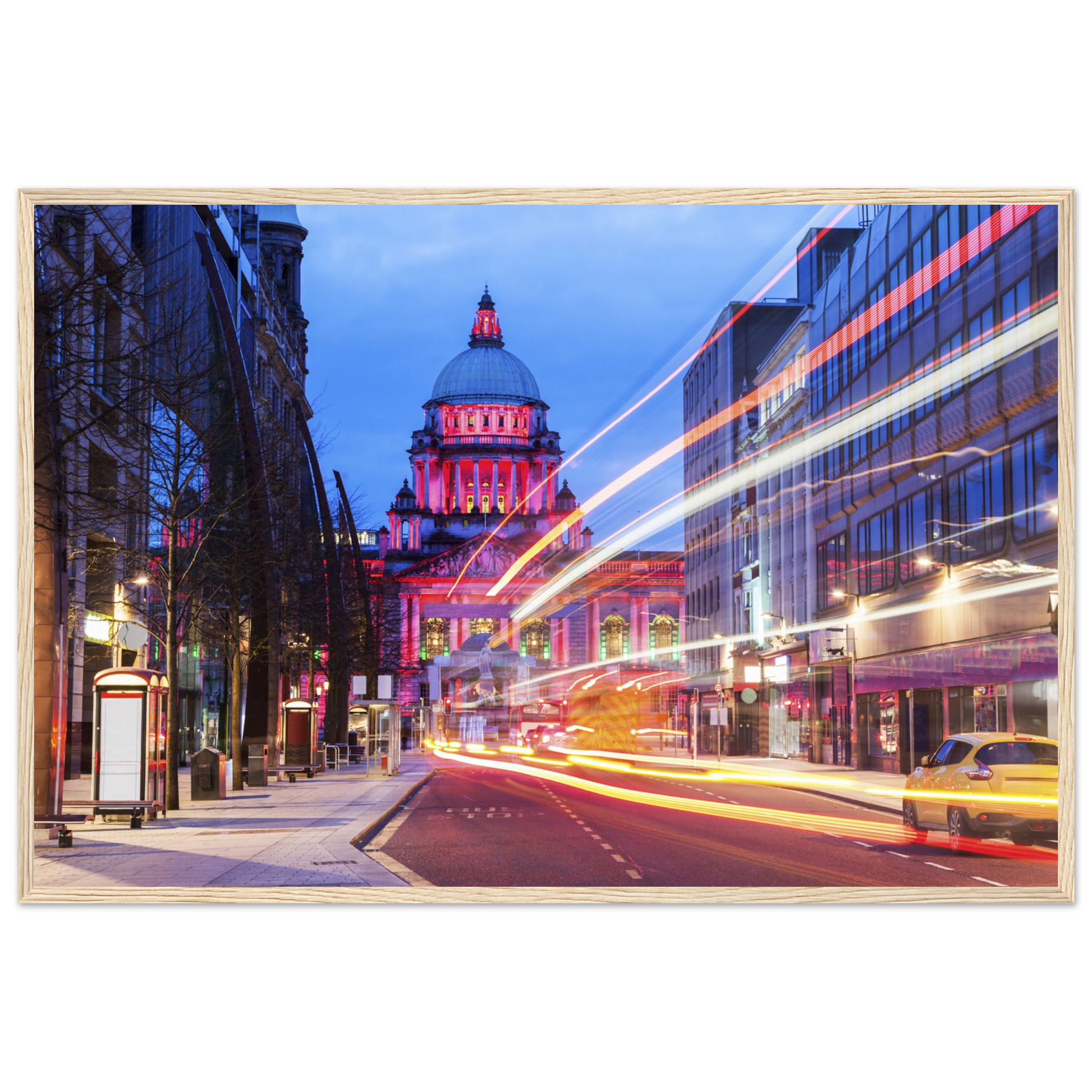 Vibrant Belfast City Hall Framed Art Print: A colorful depiction of Belfast's iconic City Hall with intricate details. The landmark is set against a lively backdrop of vivid hues, reflecting the city's dynamic spirit. Perfect for adding urban sophistication to any space.