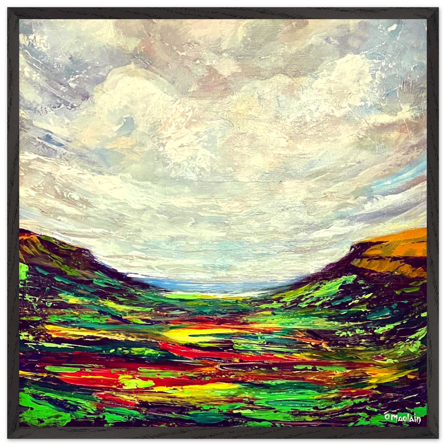 A serene landscape art print titled Queen of the Glens by artist Ó Maoláin, depicting the picturesque Glenariff in County Antrim, Ireland, with lush greenery and coastal charm.