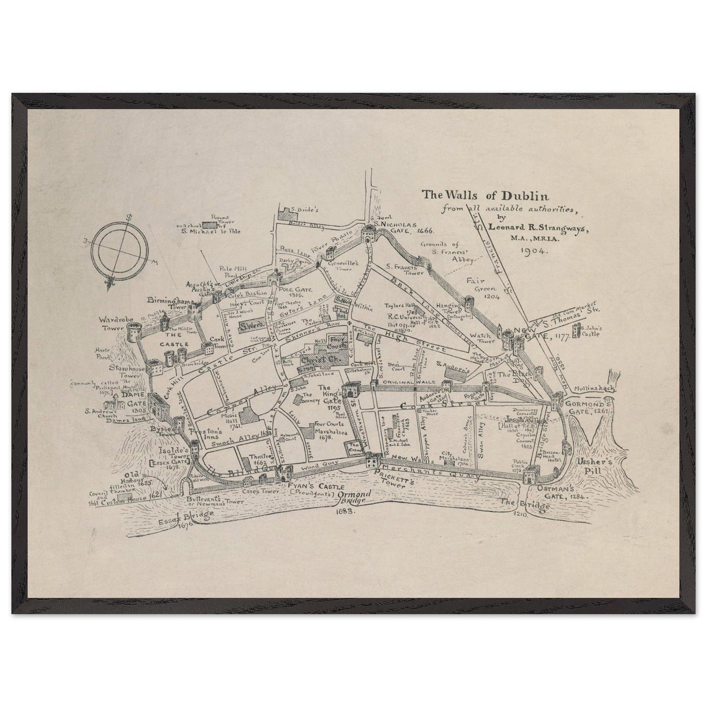 The Walls of Dublin — Antique City Map Print | Historic Irish Wall Art – size comparison view | Buy Irish Art