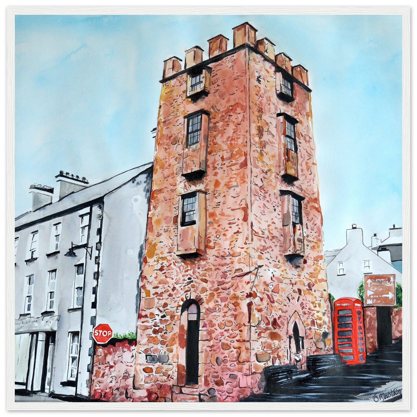 Framed art print 'The Curfew Tower' by Ó Maoláin. This piece depicts The Curfew Tower in Cushendall, Glens of Antrim, built by Francis Turnley in 1820 and now owned by Bill Drummond. The artwork showcases the tower amid the scenic Glens of Antrim.