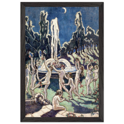 Figures Dancing Round a Fountain by Mainie Jellett in a black frame, ring of dancers by moonlight
