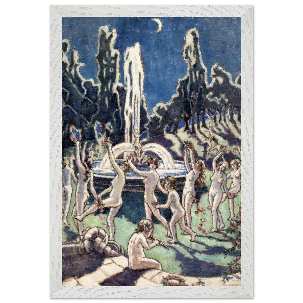 Figures Dancing Round a Fountain by Mainie Jellett in a white wooden frame, crescent moon over dancers