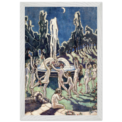 Figures Dancing Round a Fountain by Mainie Jellett in a white wooden frame, crescent moon over dancers