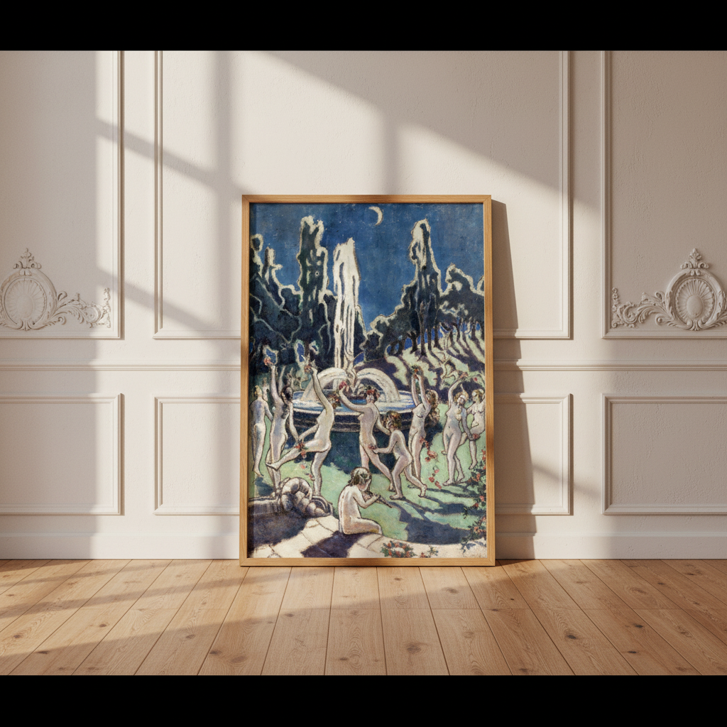 Figures Dancing Round a Fountain by Mainie Jellett in an oak frame leaning on a panelled wall