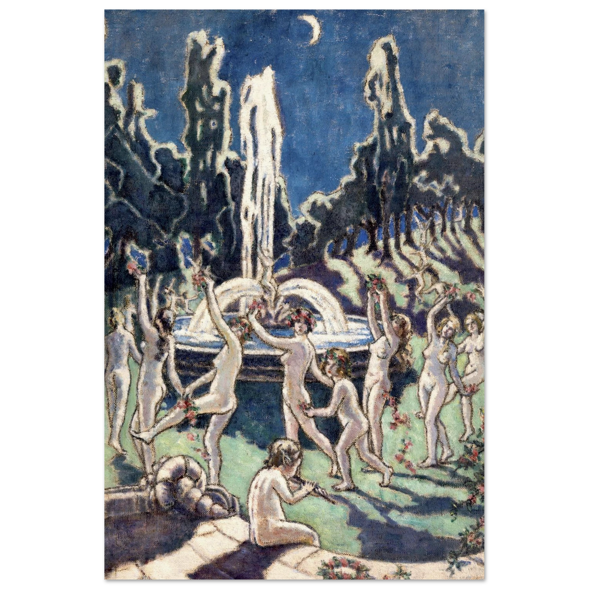 Figures Dancing Round a Fountain by Mainie Jellett, Irish modernist painting of dancers at night