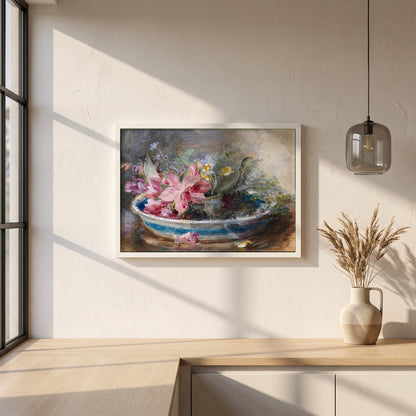 Flowers in a Bowl framed print in a white frame on a plaster wall above an oak worktop in a bright Scandinavian kitchen