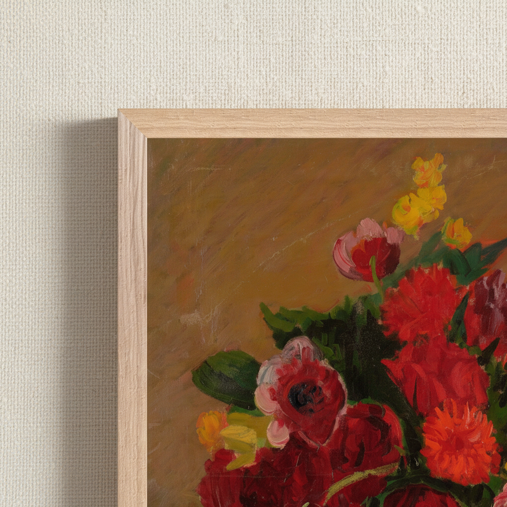 Close-up of the oak frame corner on the Mixed Flowers on Pink Cloth print showing red blooms