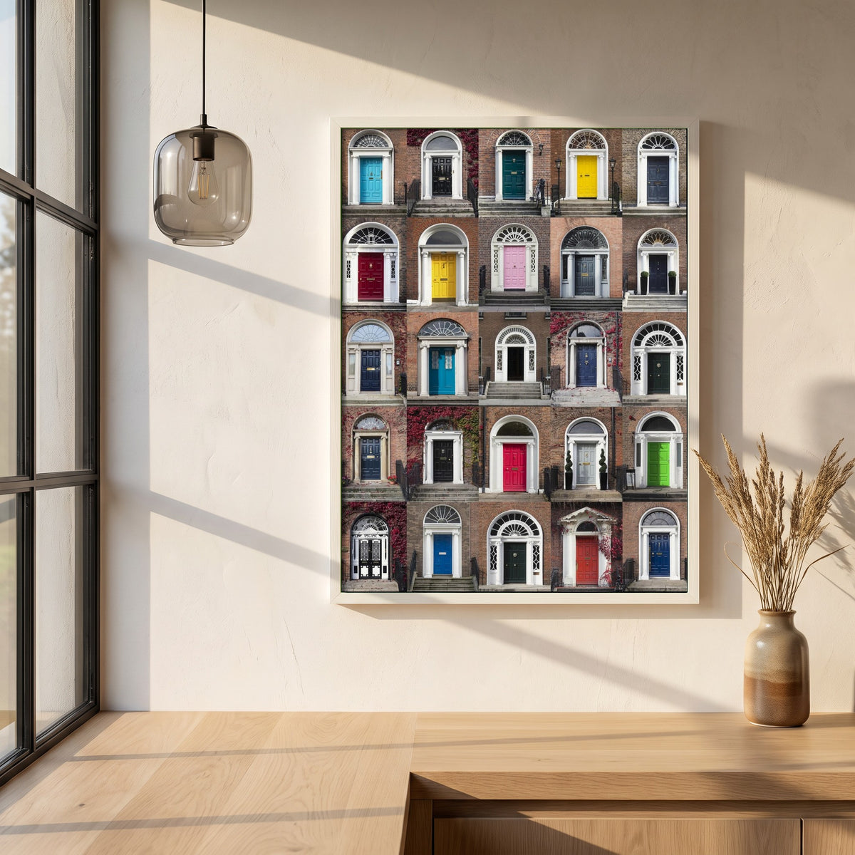 Framed Doors of Dublin framed print in a white frame on a plaster wall above an oak worktop in a bright Scandinavian kitchen
