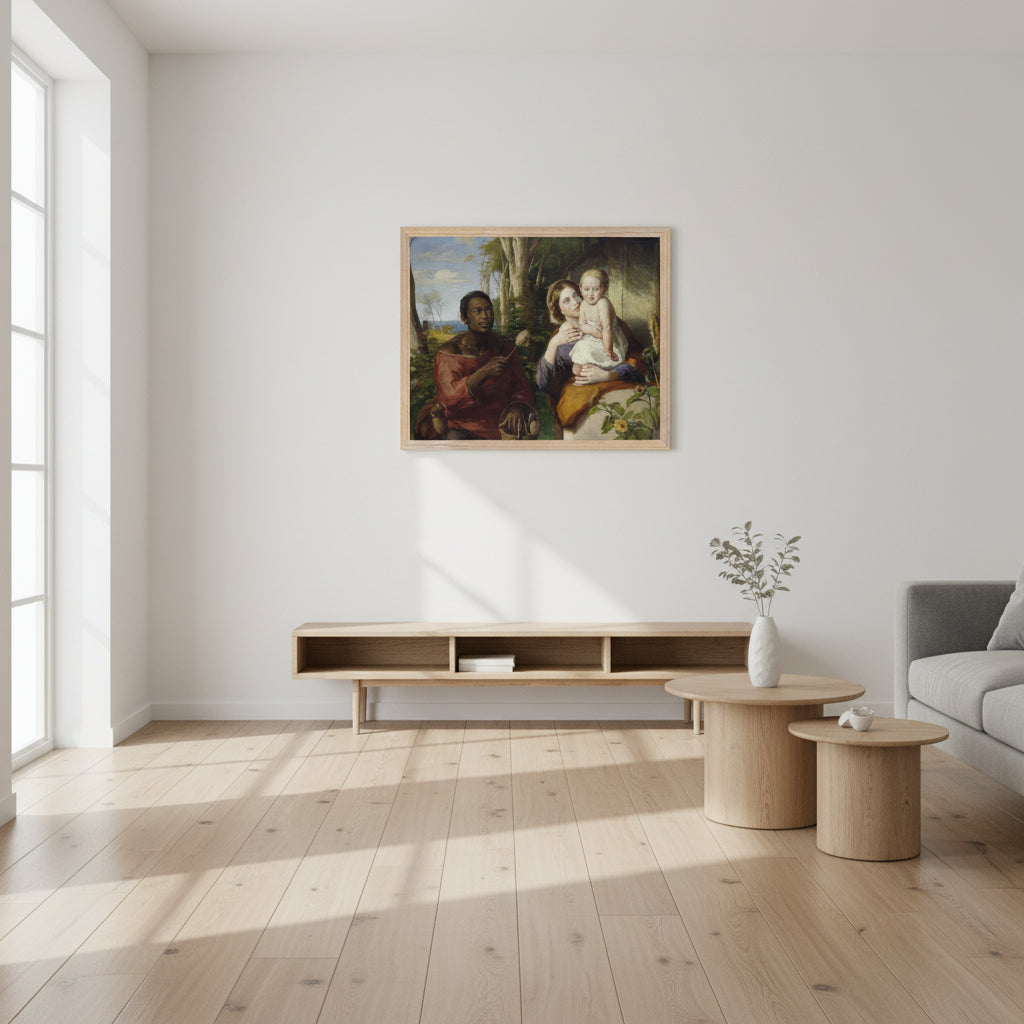 framed The Toy-Seller print displayed in a Scandinavian living room with oak floors, white walls, and minimalist décor. High-end editorial style.