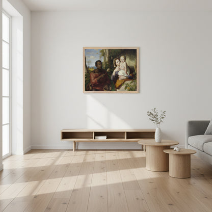 framed The Toy-Seller print displayed in a Scandinavian living room with oak floors, white walls, and minimalist décor. High-end editorial style.