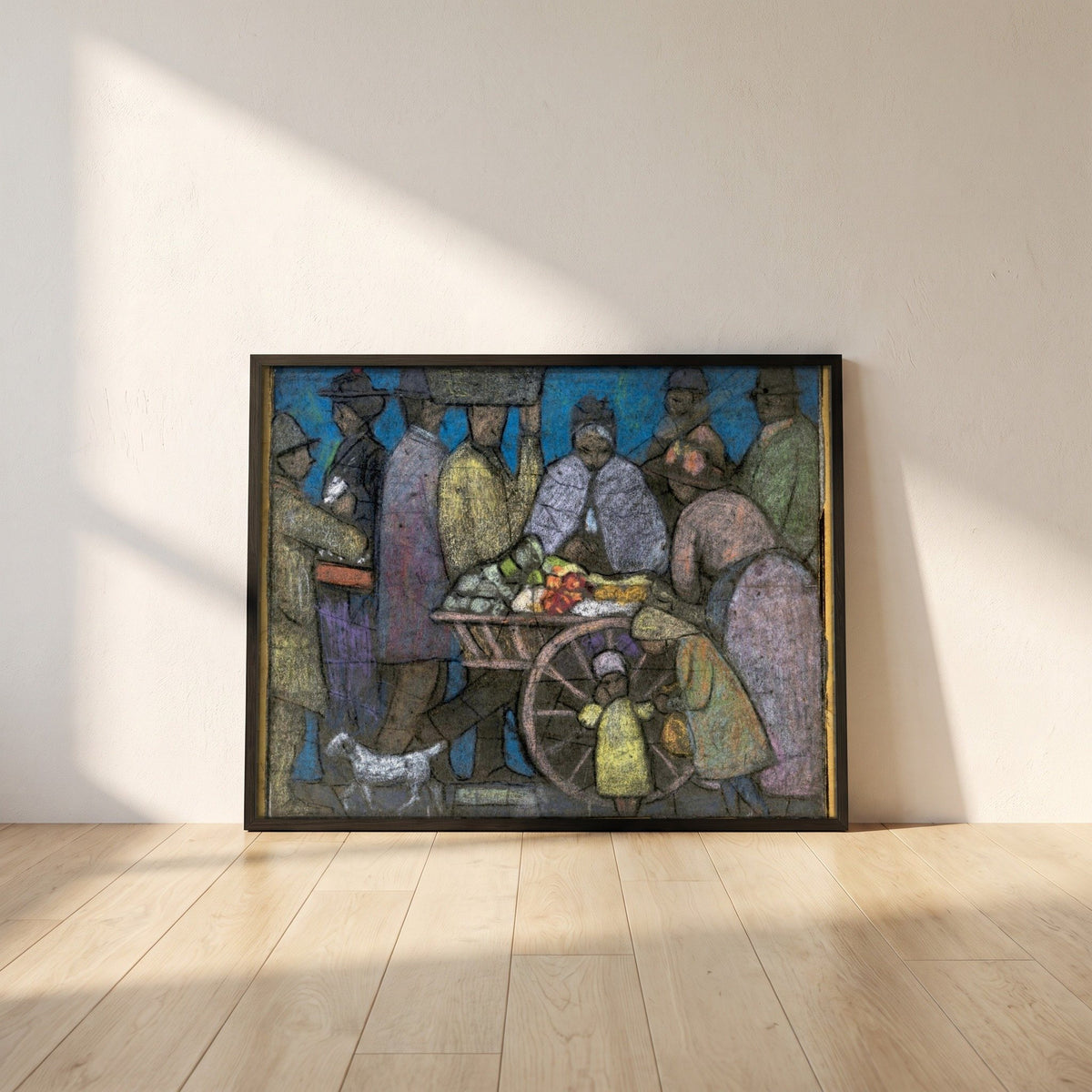 Fruit Market, Moore Street by Michael Healy framed print in a black frame leaning against a white plaster wall on oak floorboards in morning light