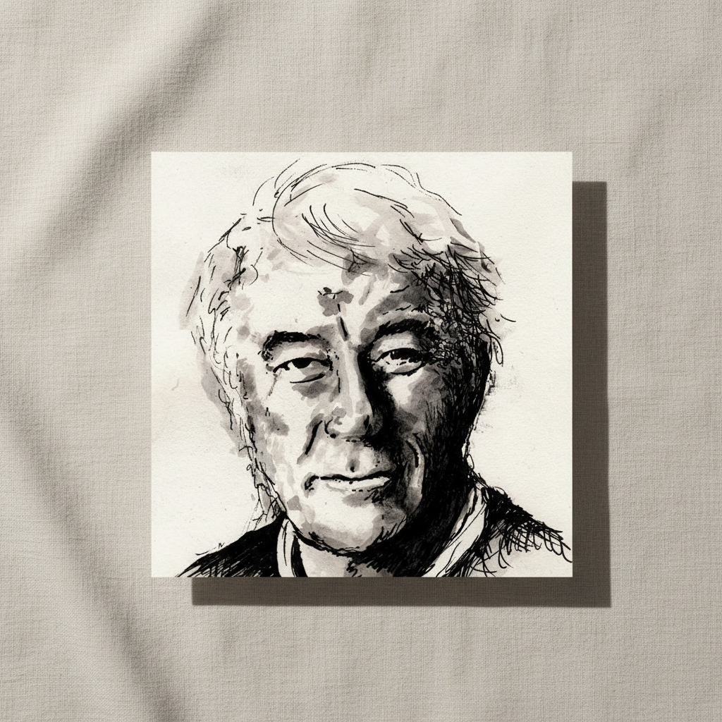 Seamus Heaney portrait unframed square print resting on grey fabric