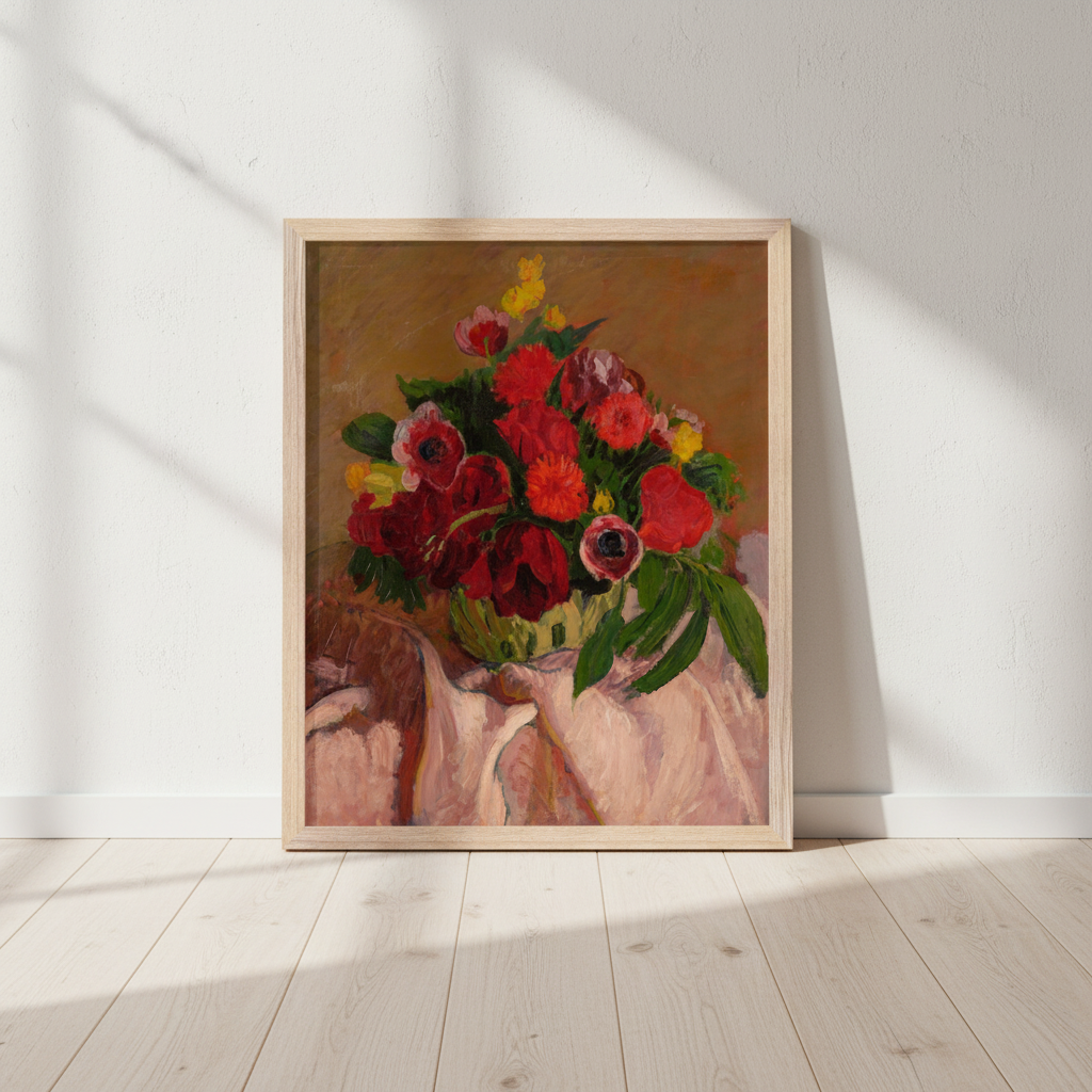 Mixed Flowers on Pink Cloth print in an oak frame leaning against a white wall on a pale floor