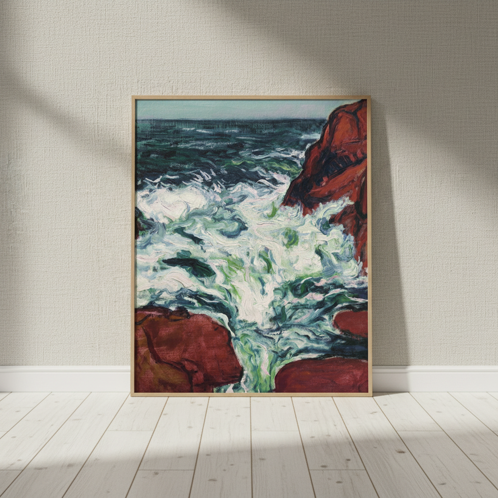 Marée Montante by Roderic O'Conor in an oak frame leaning against a grey wall on a white wooden floor