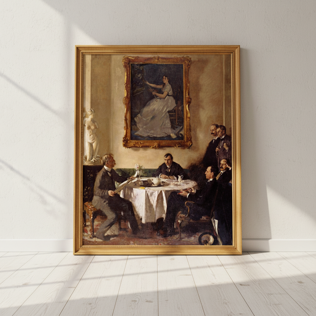 Homage to Manet by William Orpen in a gilt frame leaning against a white wall in sunlight