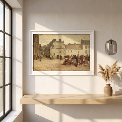 Galway Market Scene by Walter Osborne framed print in a white frame on a plaster wall above an oak worktop in a bright Scandinavian kitchen