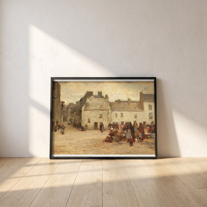 Galway Market Scene by Walter Osborne framed print in a black frame leaning against a white plaster wall on oak floorboards in morning light