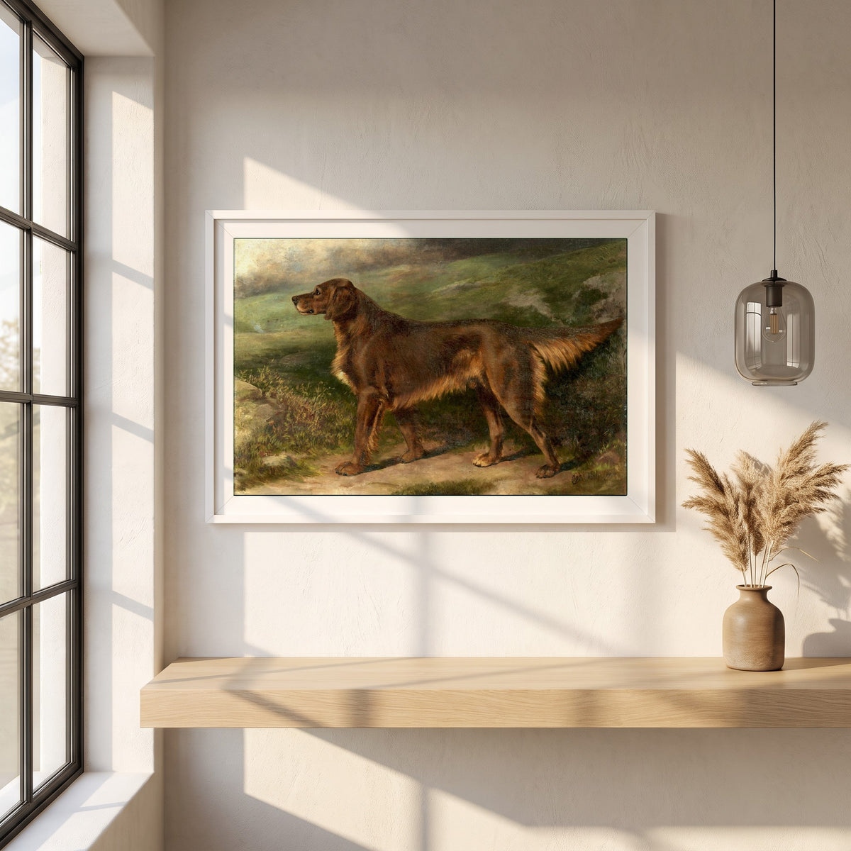 Garryowen, Champion Irish Red Setter framed print in a white frame on a plaster wall above an oak worktop in a bright Scandinavian kitchen