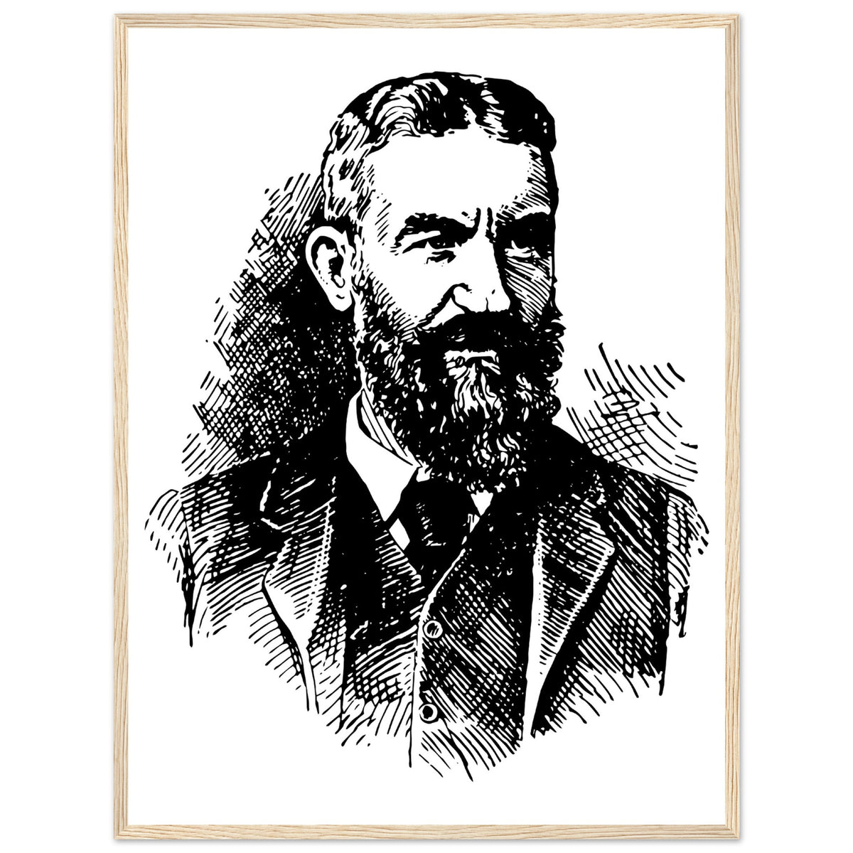 George Bernard Shaw portrait print in a natural wood frame, cross-hatched ink style