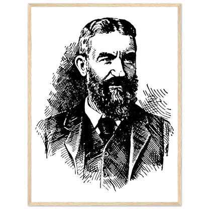 George Bernard Shaw portrait print in a natural wood frame, cross-hatched ink style