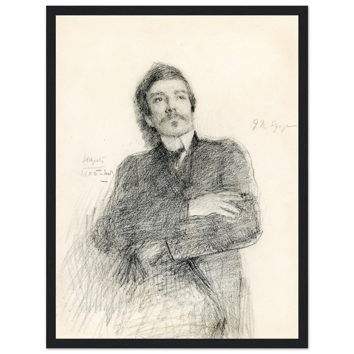 Portrait of John Millington Synge, pencil drawing by John Butler Yeats, in a black frame