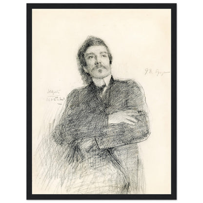 Portrait of John Millington Synge, pencil drawing by John Butler Yeats, in a black frame