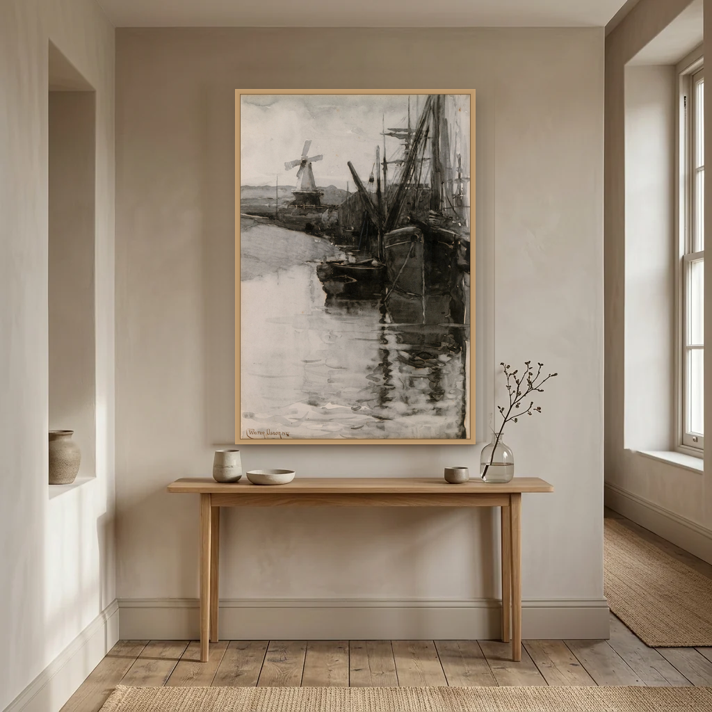 Boats in Rye Harbour, Sussex art print, framed and hung in a hallway
