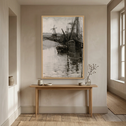 Boats in Rye Harbour, Sussex art print, framed and hung in a hallway